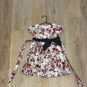 Gorgeous Tropical Red and White Dress with navy polka dots